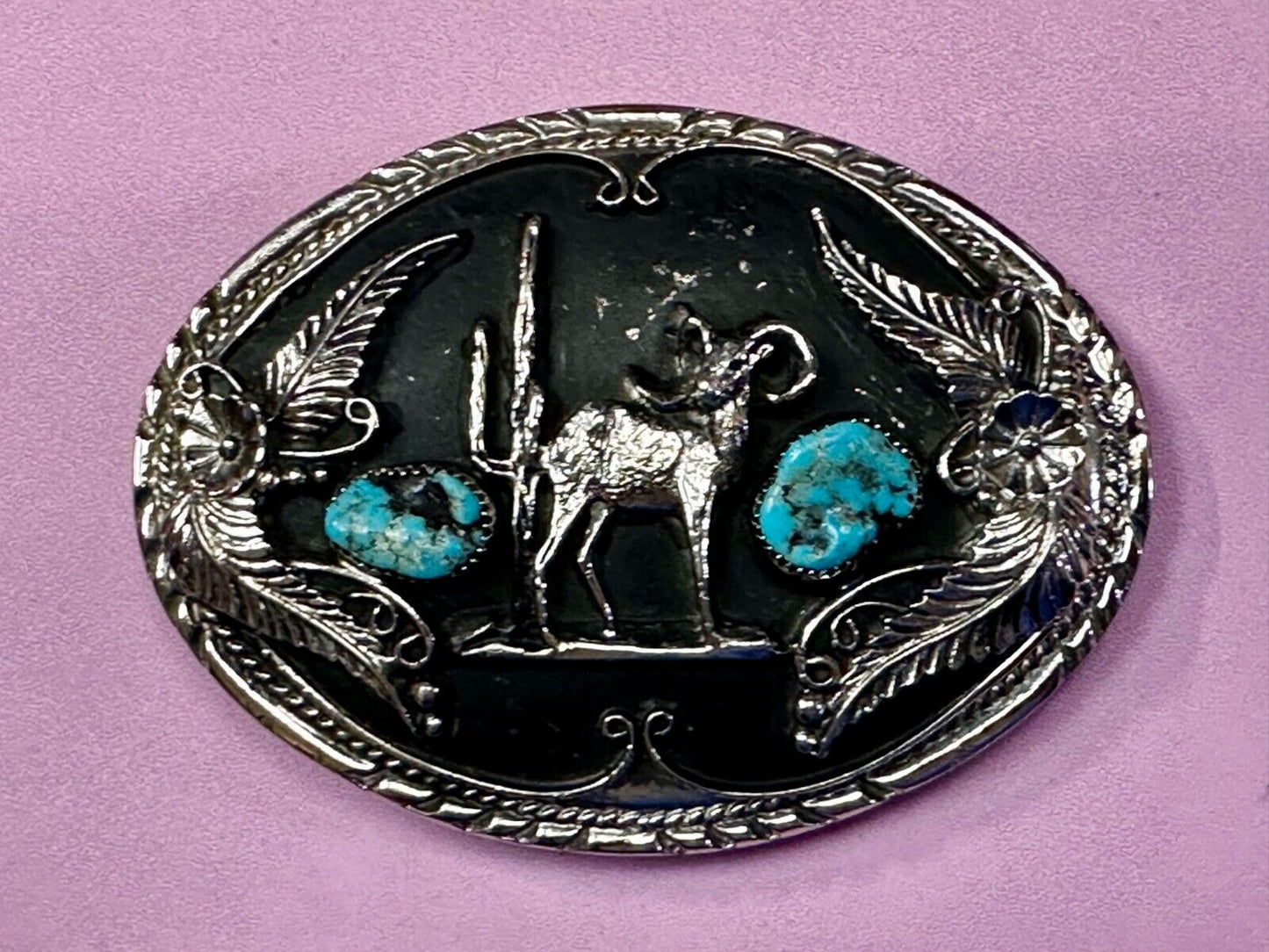 Bighorn Sheep Ram Mountain Goat Turquoise Stone Flower Leaf Western Belt Buckle