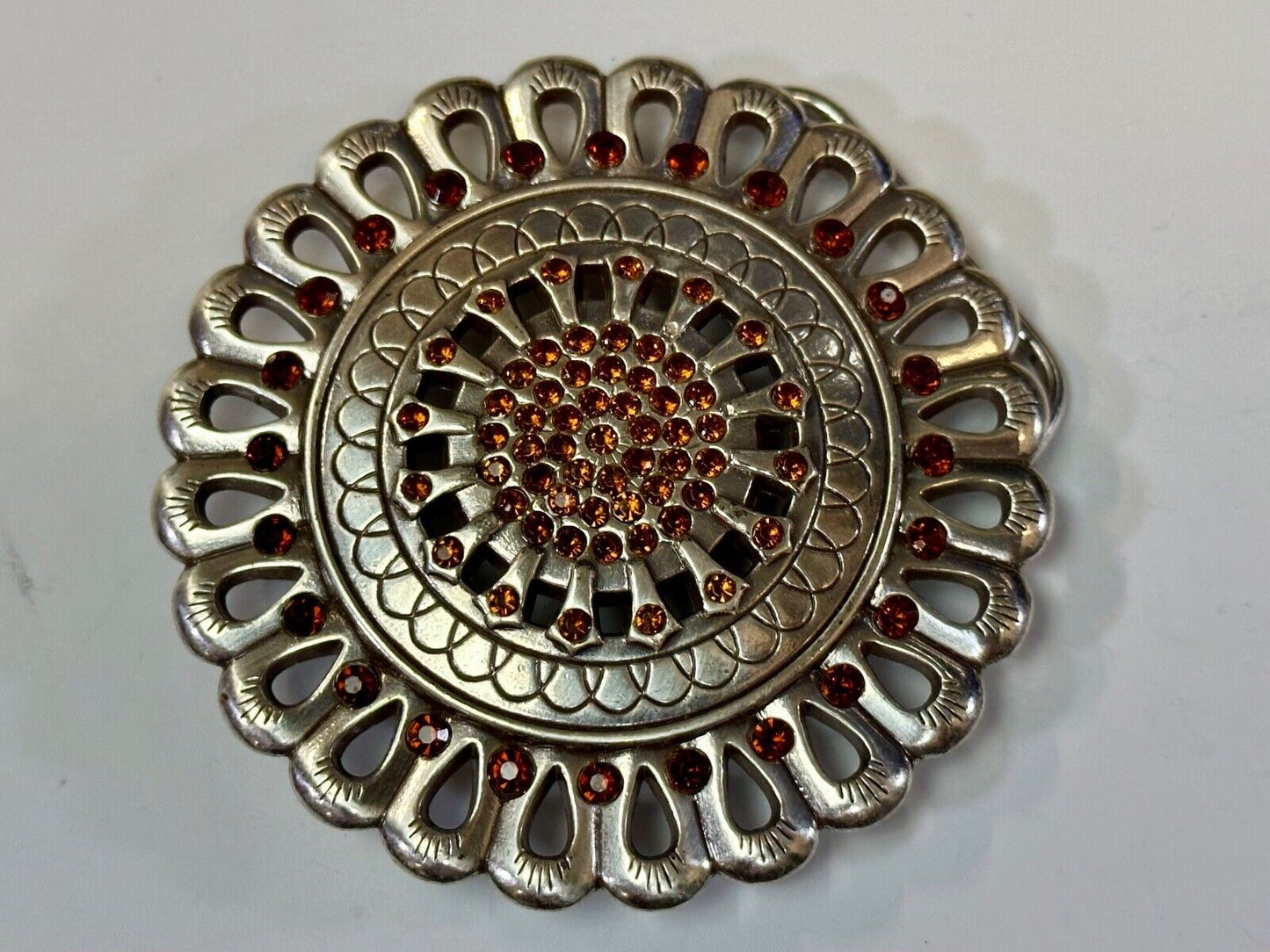 Vintage Flower shaped silver tone red rhinestone accented belt buckle