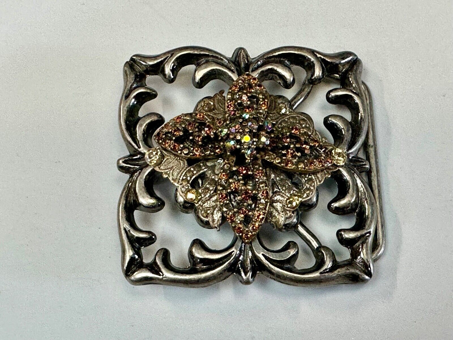 Artisan unique rhinestone mixed media see through silver tone belt buckle