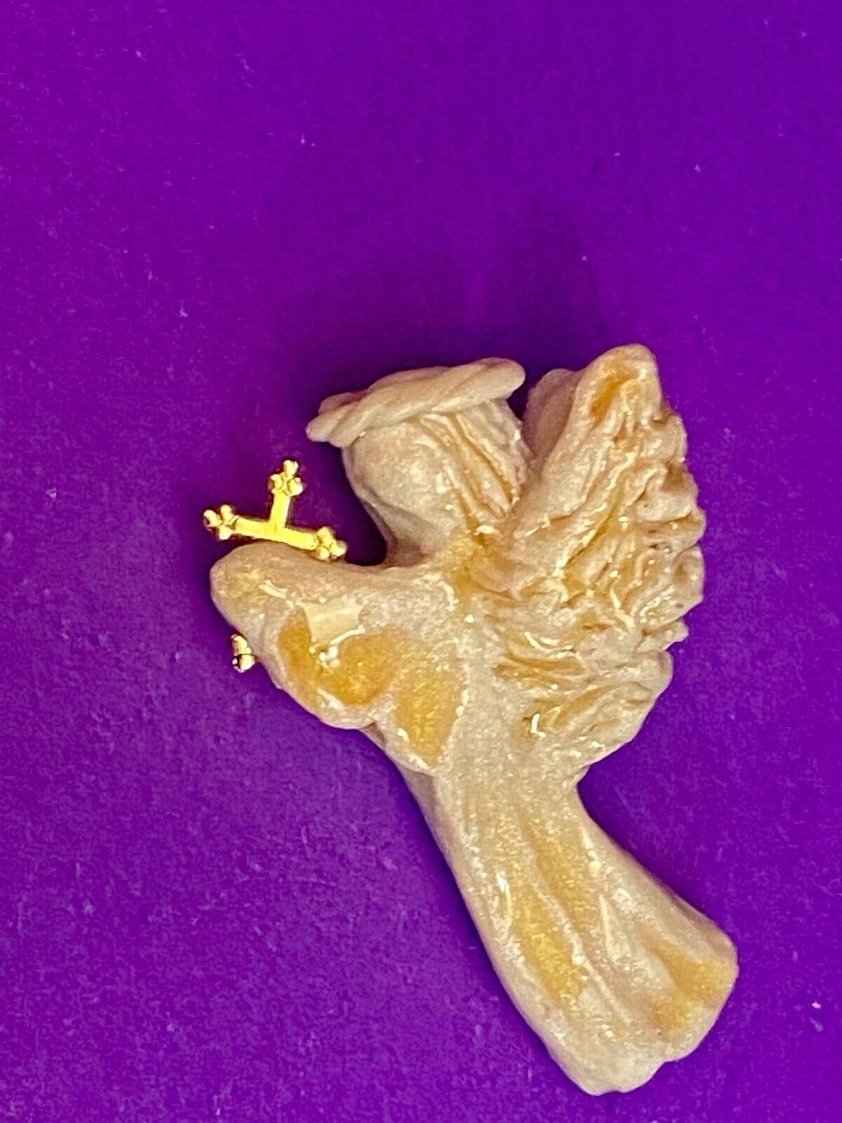 Vintage Artisan Angel & Cross Brooch Pin Hand Carved Gold Tone Crucifix Signed