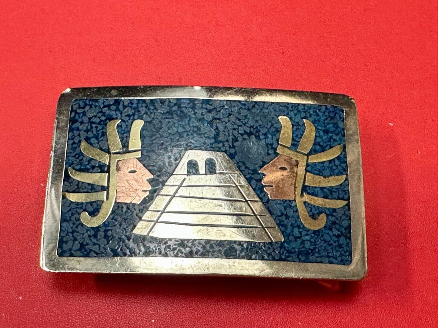 Aztec Mayan Temple Pyramid Figures Vintage Inlay belt buckle made in Mexico