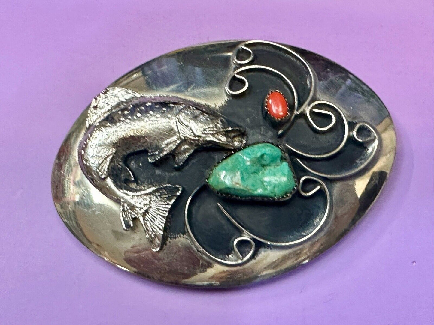 Bass Fish - Turquoise & Coral accented Native American Indian Style Belt Buckle