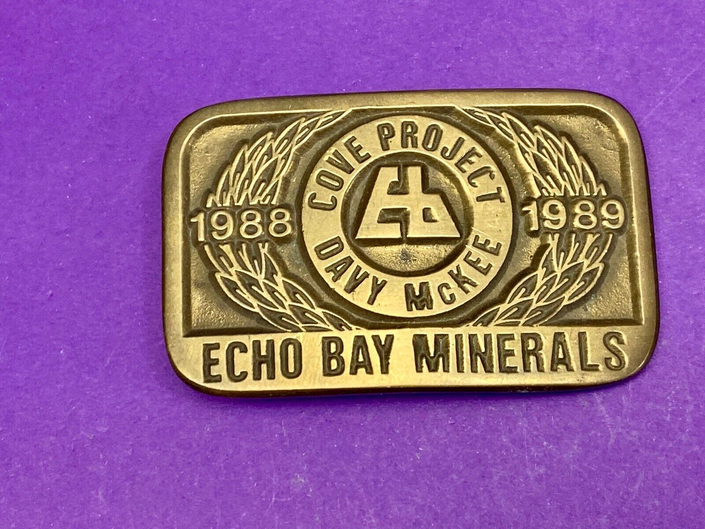 Vintage 1989 **ECHO BAY MINERALS** COVE PROJECT MINING SOLID BRASS BUCKLE