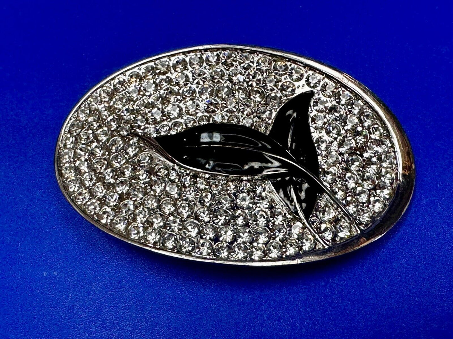 Black Leaf Design Silver Tone Clear Rhinestone Covered Oval Designer Belt Buckle