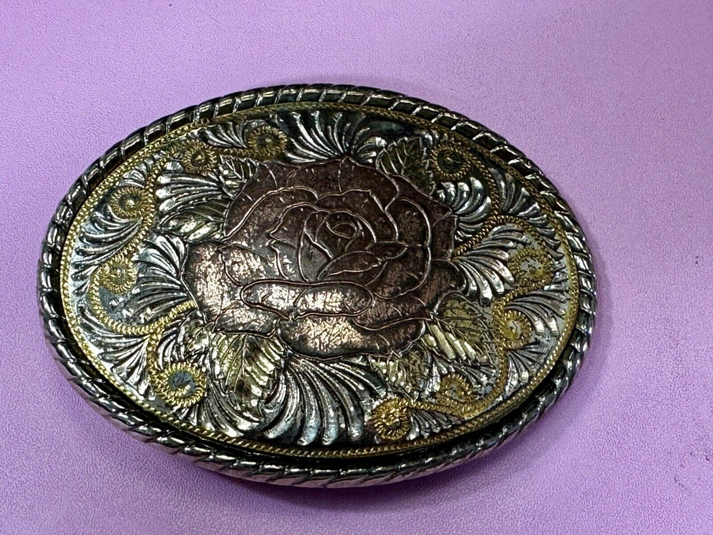 Beautiful Rose Flower Swirl Etched Design Mixed Metal Belt Buckle by W