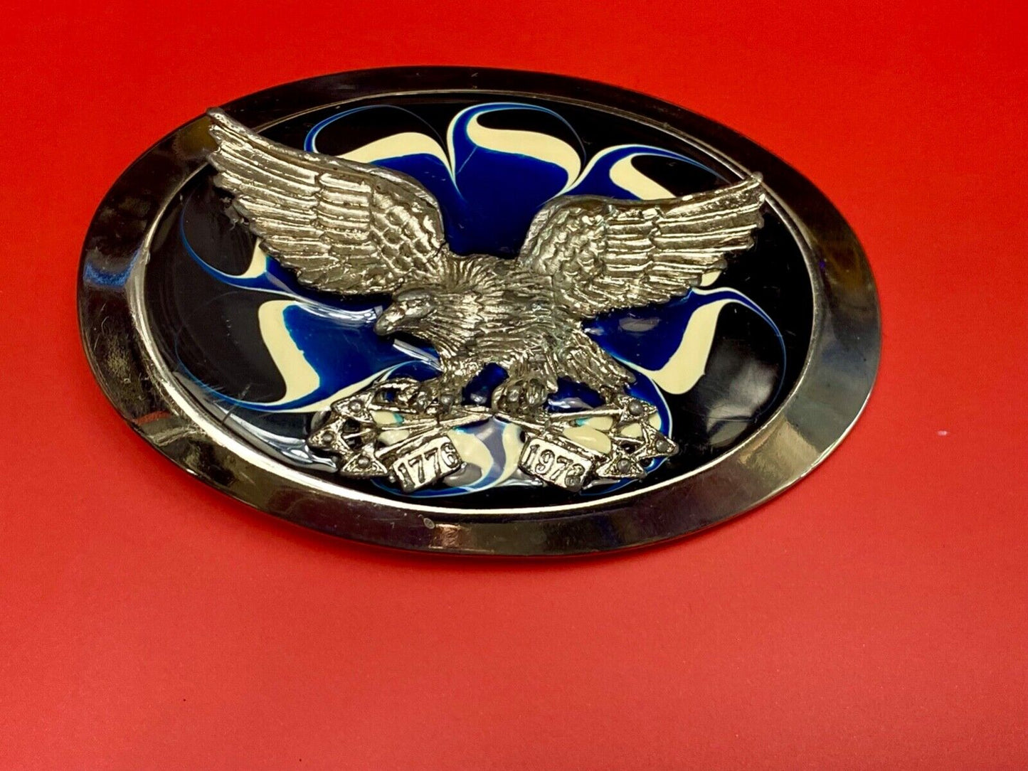 Vintage Eagle w/ arrows in claws western oval blue & cream enameled belt buckle