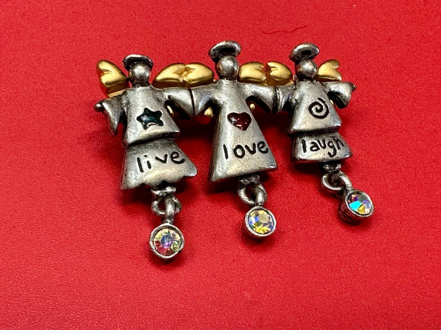 Three Angles - Live Love Laugh , Vintage Christmas Holliday Brooch by AJMC