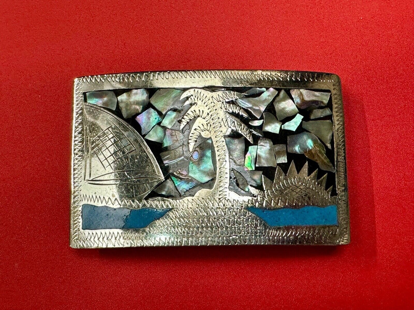 Beach Scene with Palm Tree - Inlaid Turquoise, Abalone Shell Vintage belt buckle