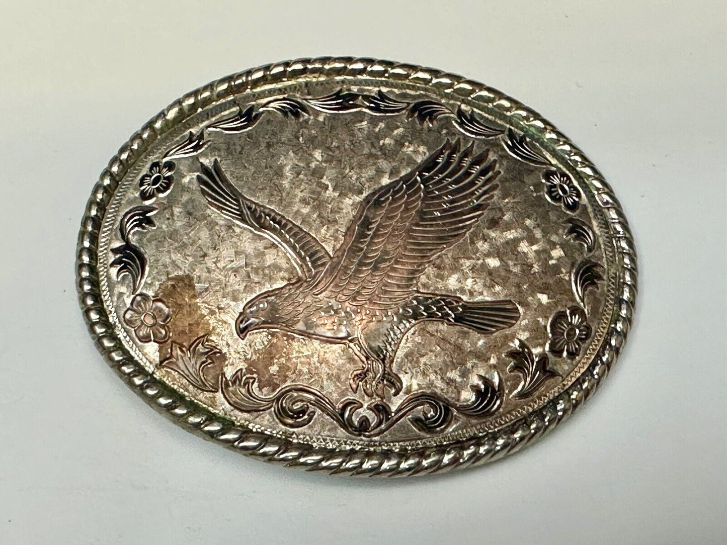 Vintage Etched Patriotic American Eagle Mixed Metal Belt Buckle "W" USA 80s