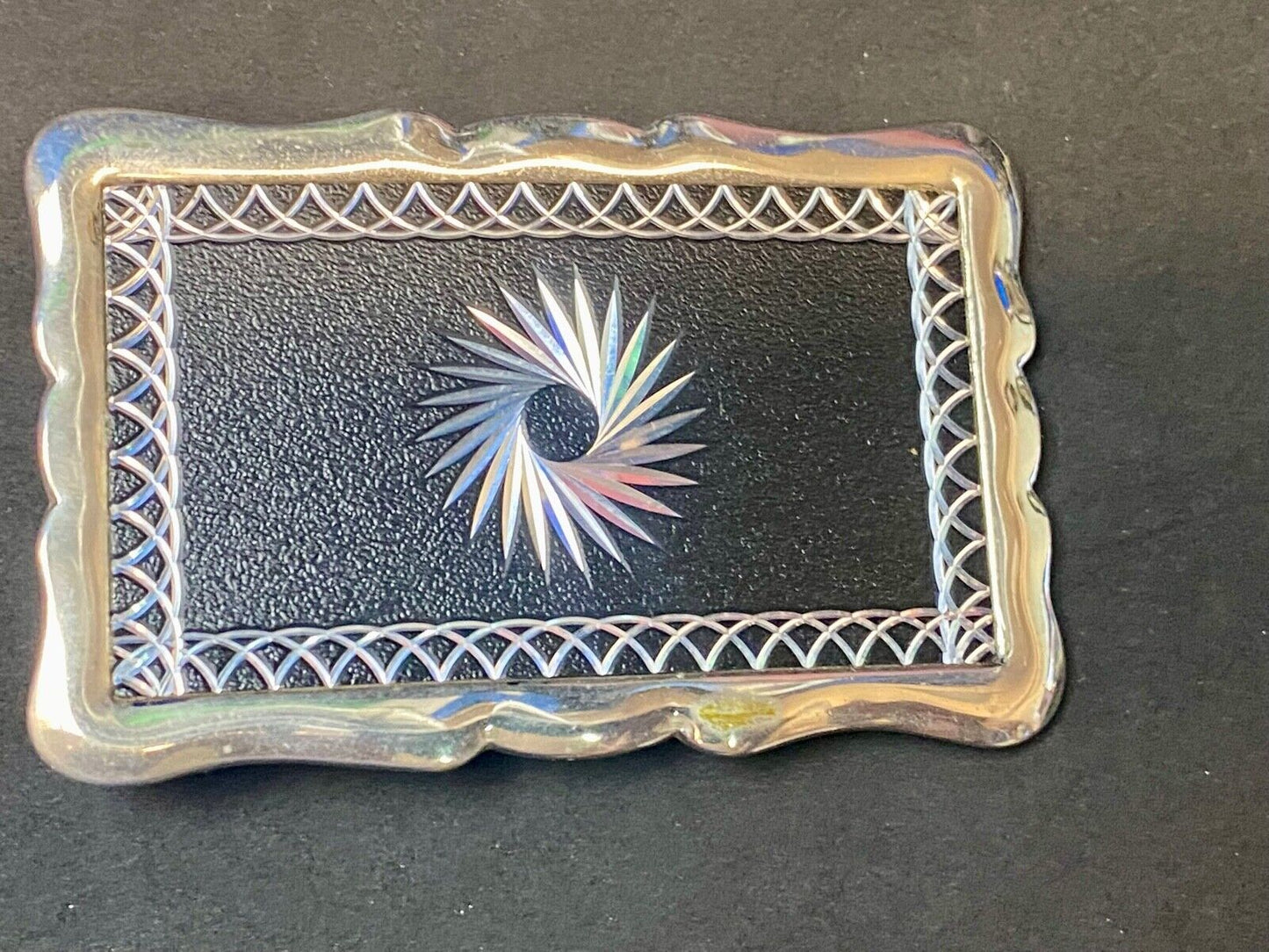 Vintage Etched Star Swirl Burst Pattern Western Black & Silver Belt Buckle