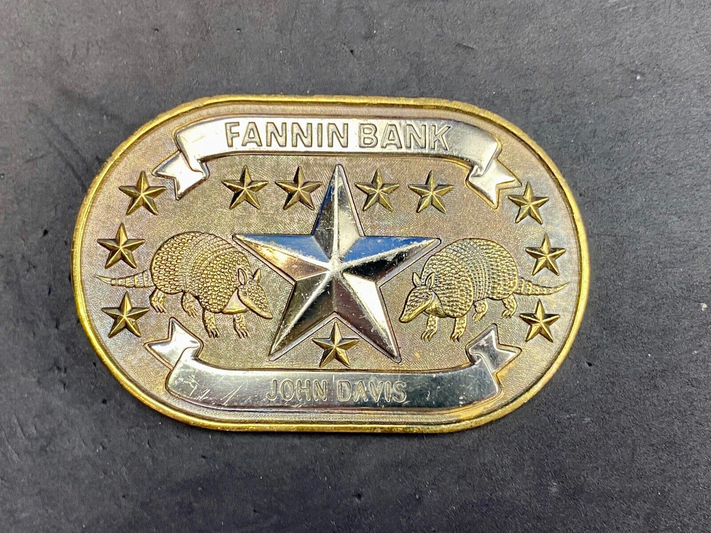 Texas Fannin Bankn The Lone Star State And Armadillo Promo Belt Buckle By Sac