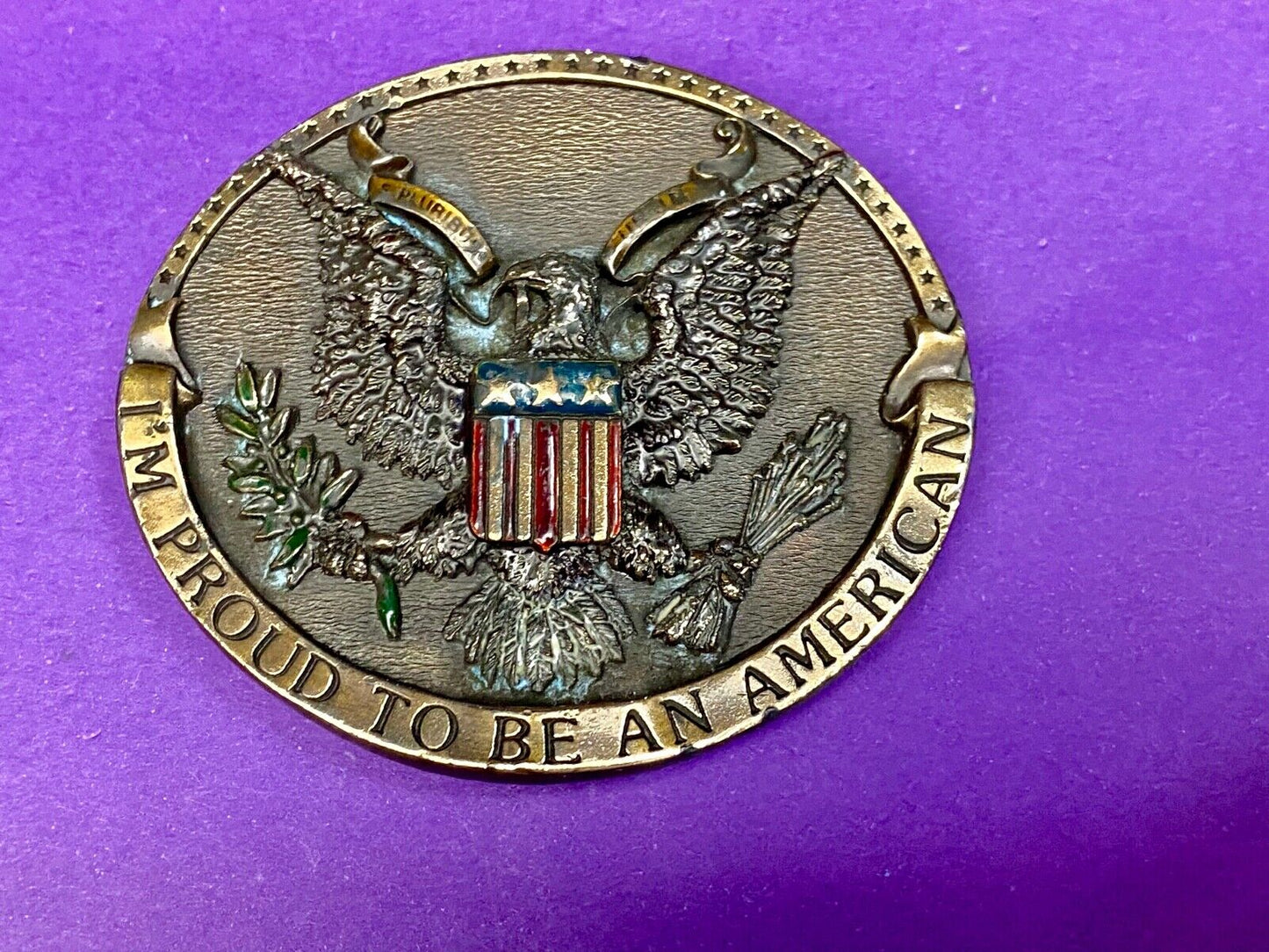 Vintage 1981 Im proud to be an American belt buckle by Bergamot Eagle and Crest