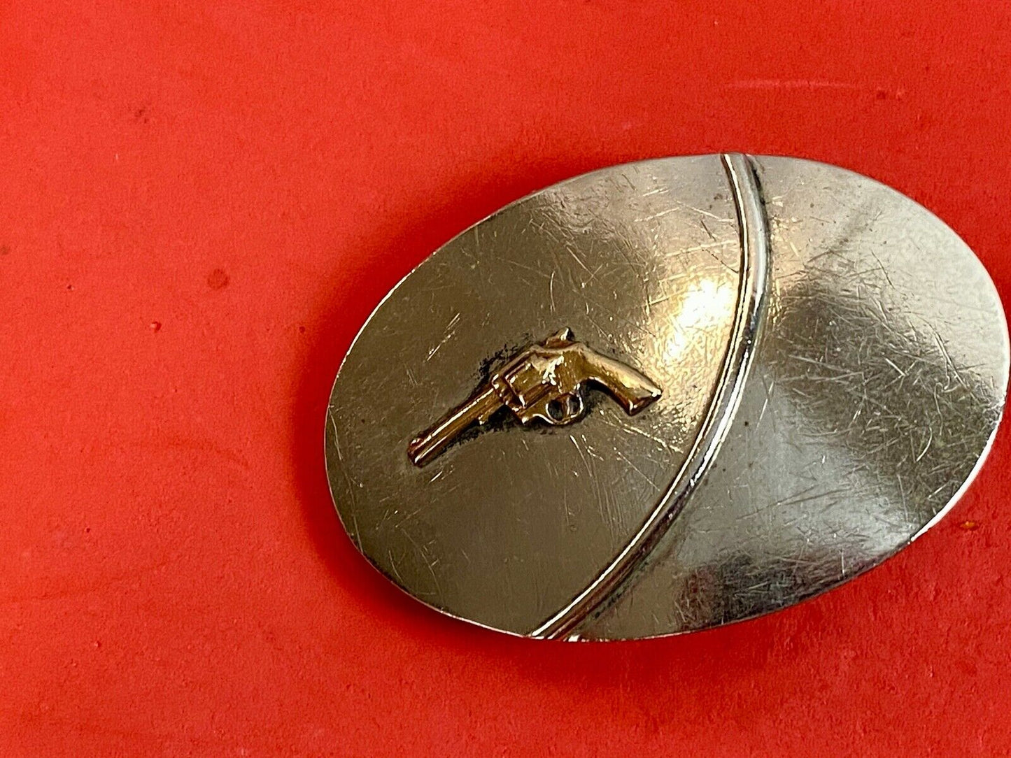 Vintage Chambers Belt Co. Silver Nickel Western stamped belt buckle gun pistol