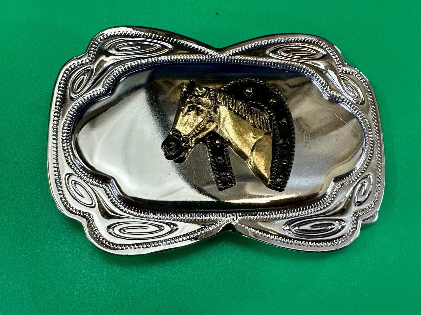 Beautiful NOS Horse head / lucky horseshoe - two tone reflective belt buckle