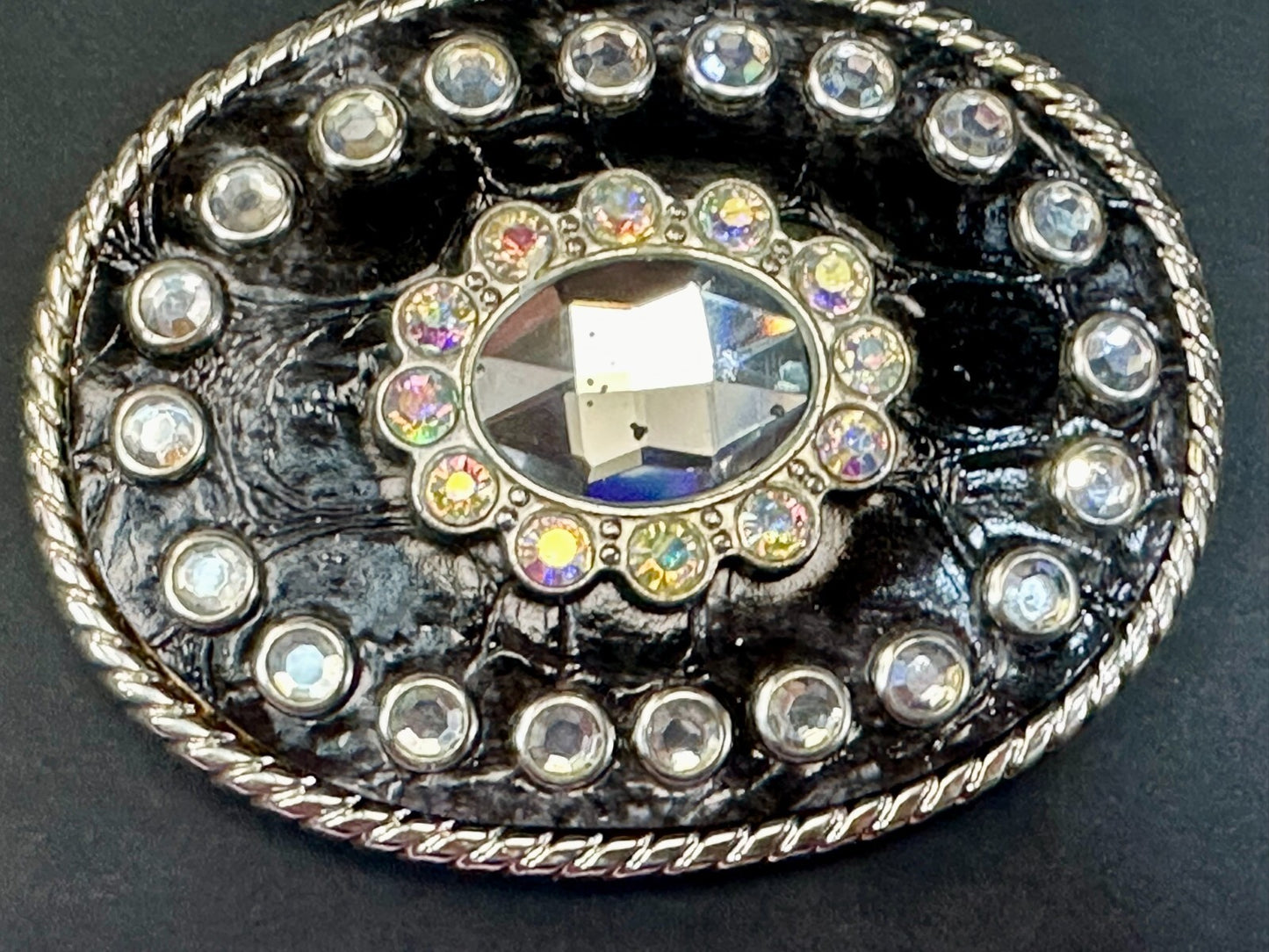 Beautiful Clear Rhinestone Bling Leather on Metal Vintage Belt Buckle