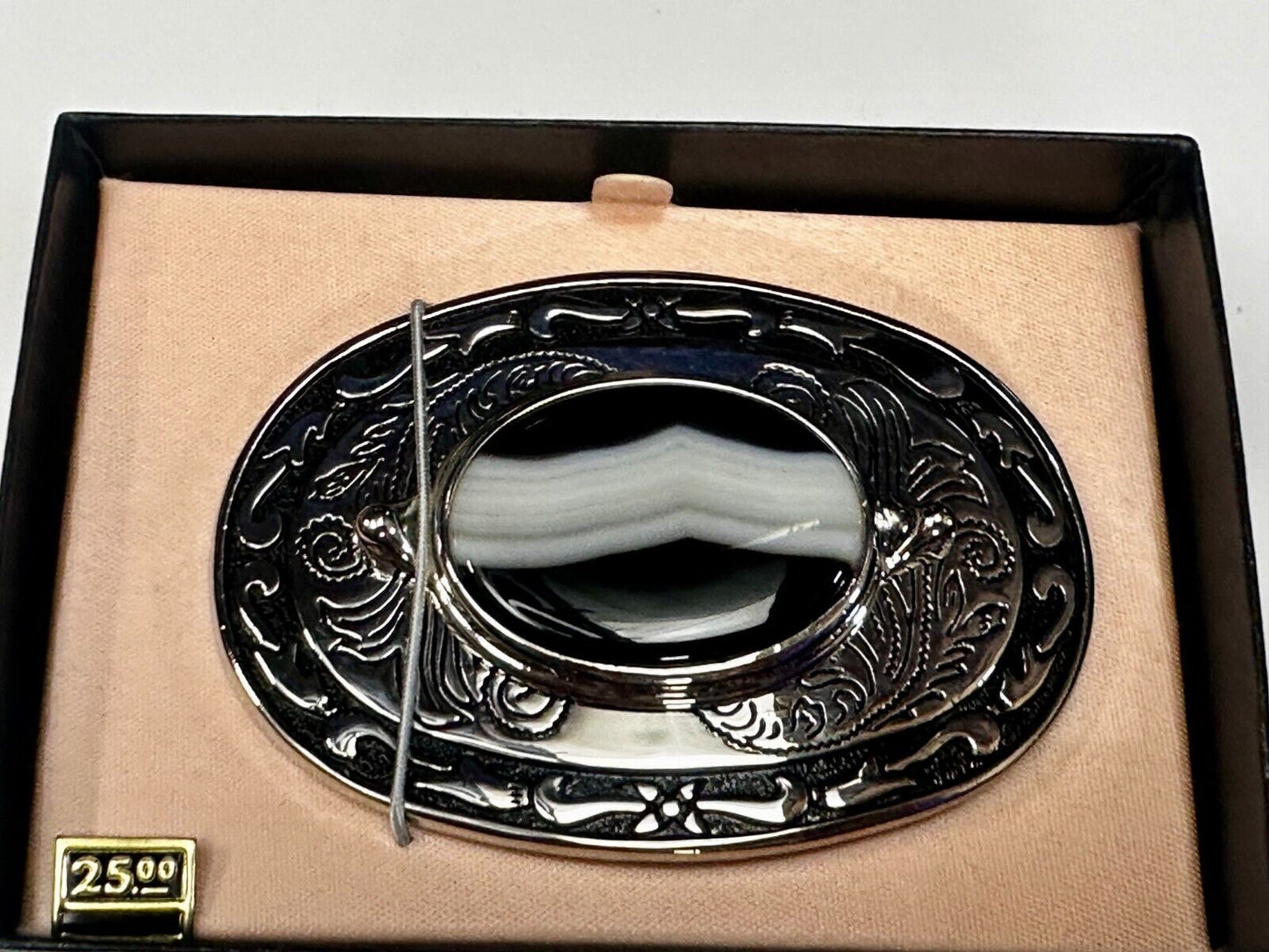 Black & White Onyx Cabochon Cab Stone Mounted In Vintage NOS Ornate Belt Buckle