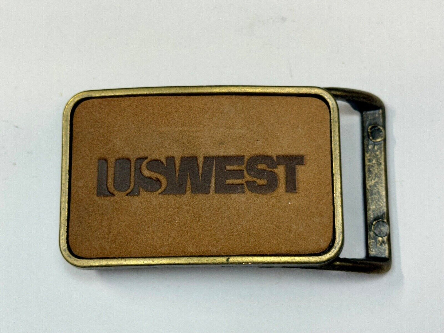 US WEST Telephone Service Company Promo Vintage Leather & Brass Tone Belt Buckle