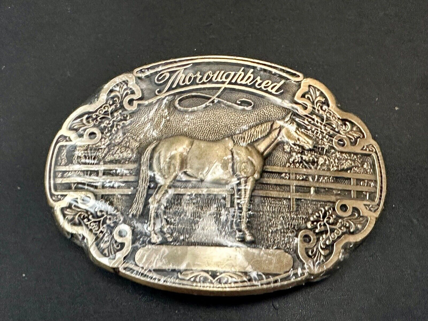Thoroughbred Horse with Award Ribbon NOS Vintage ADM Solid Brass Belt Buckle