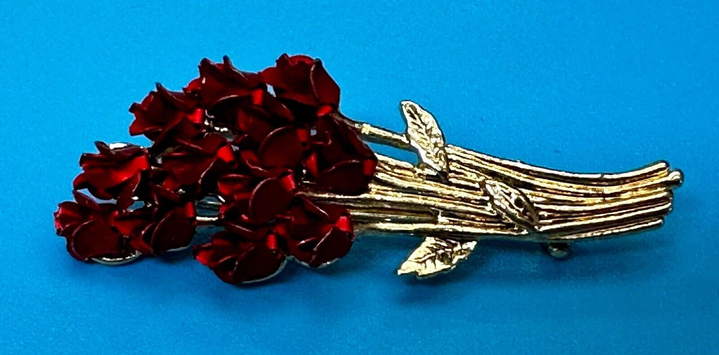 Valentines Day Gift! Red Roses Bouquet Gold Tone Brooch Pin Vintage Signed DM 97