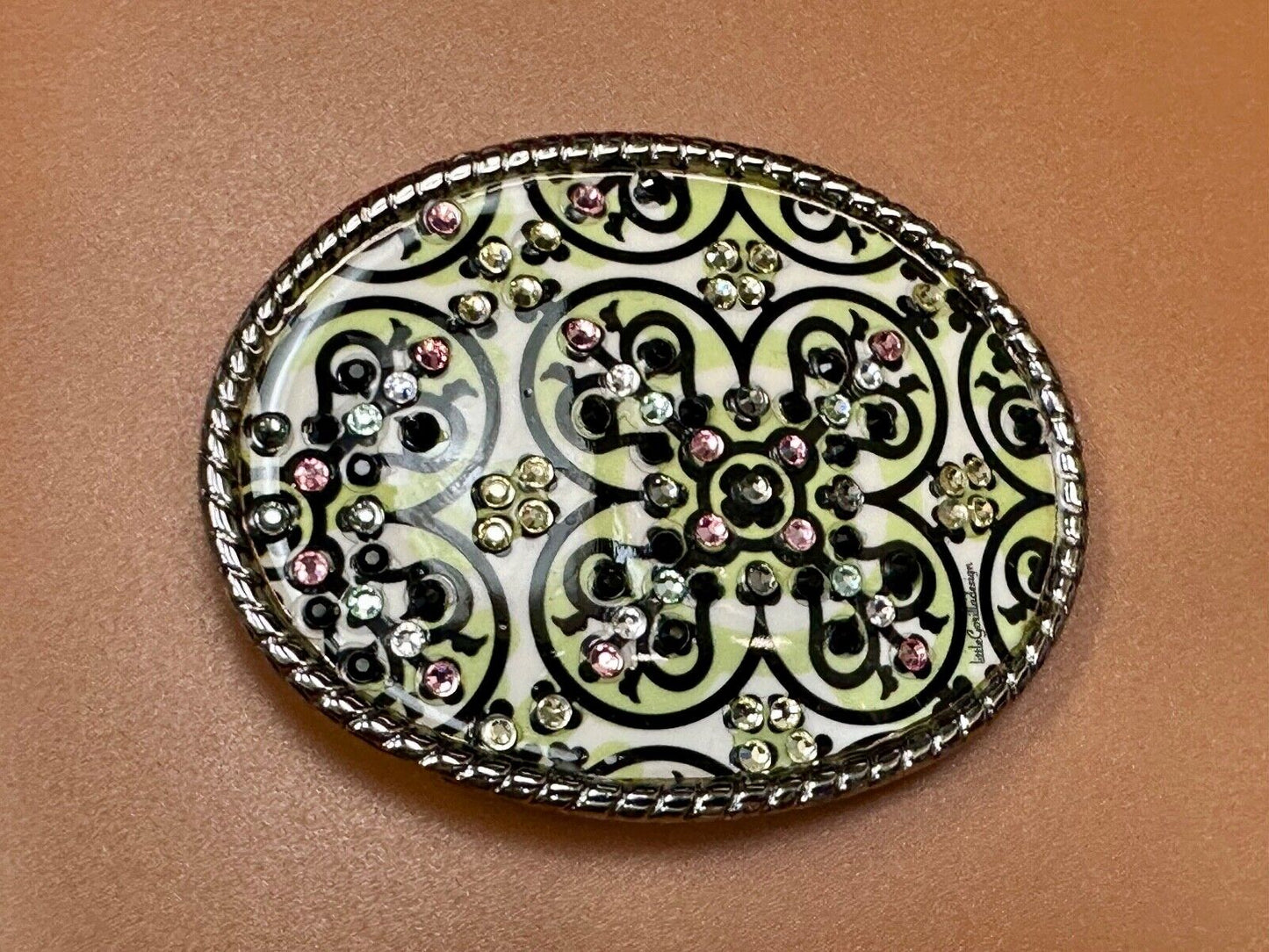Artisan western oval girlie pink & green rhinestone accented belt buckle