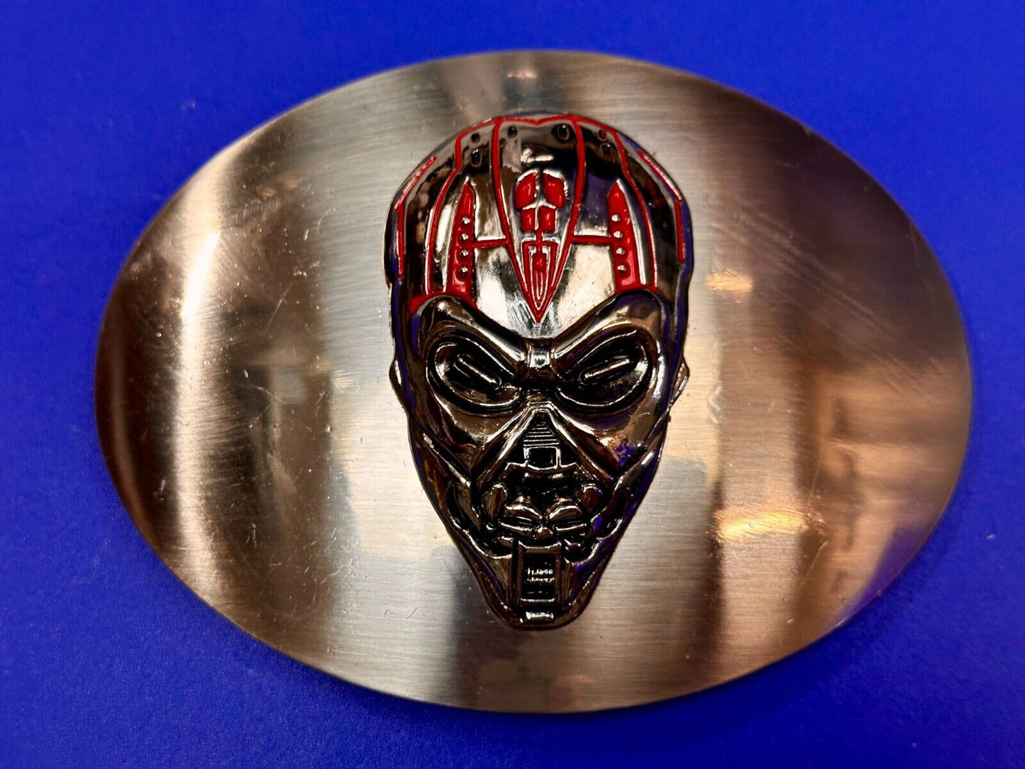 Terminator Skull Head Gothic Vibe Silver Tone Biker HUGE oval Belt Buckle