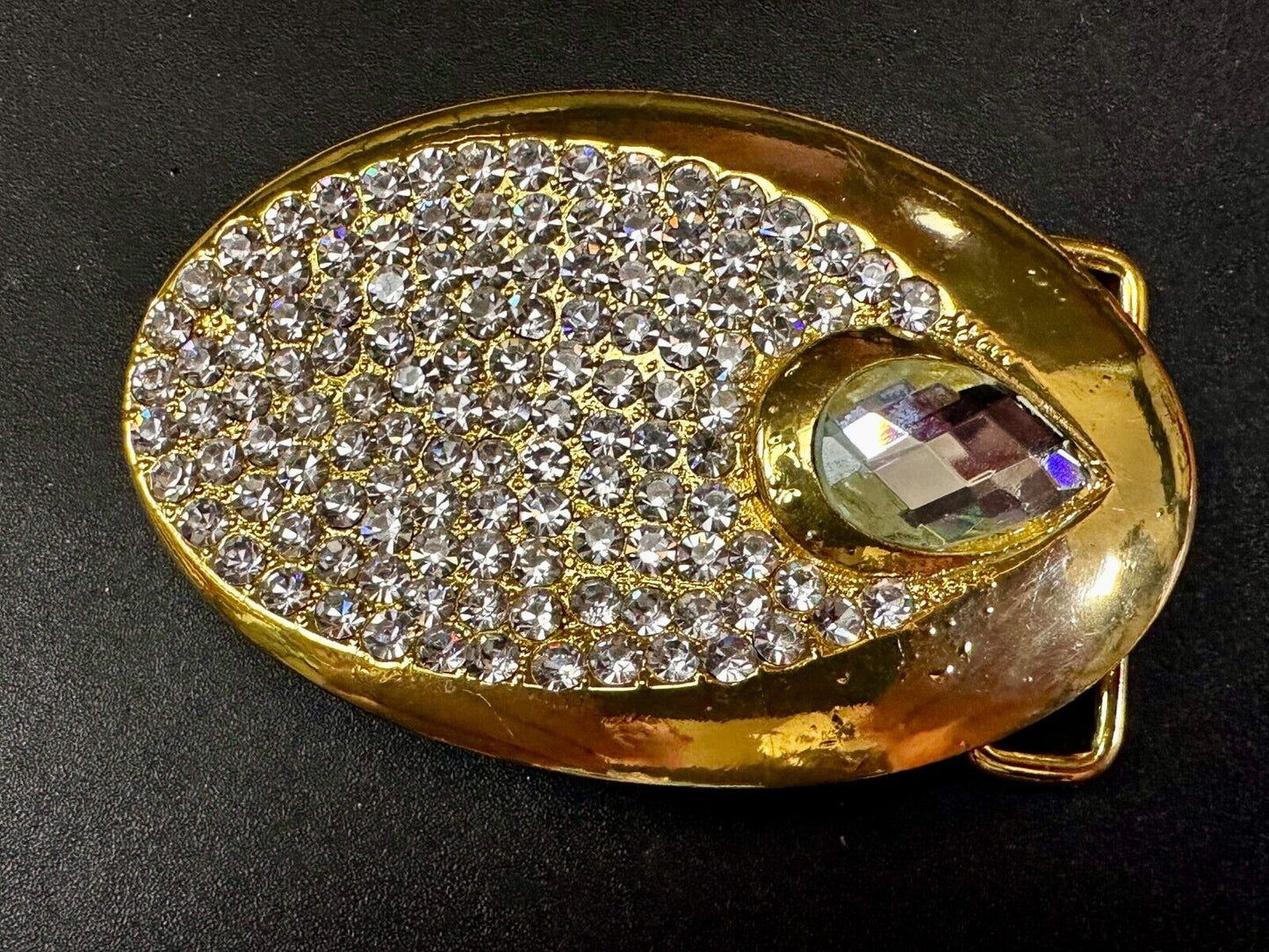Beautiful Stylish Clear Rhinestone Covered Gold Tone Designer Oval Belt Buckle
