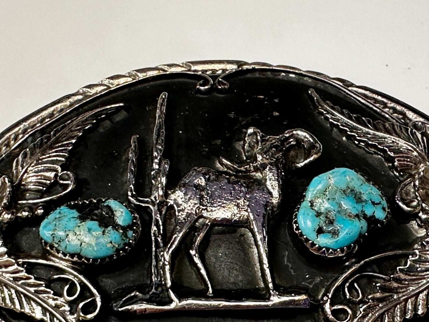 Bighorn Sheep Ram Mountain Goat Turquoise Stone Flower Leaf Western Belt Buckle