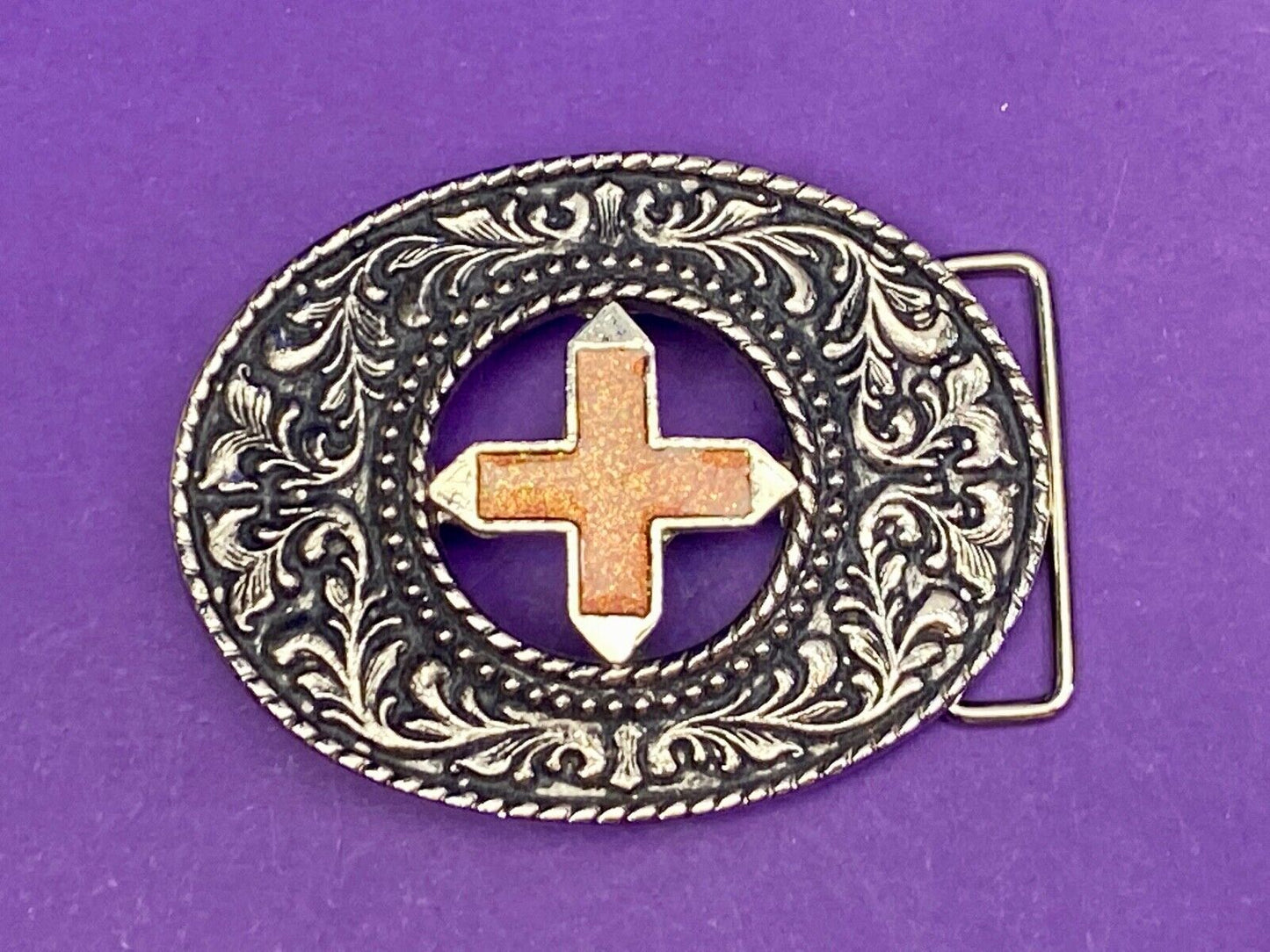 Beautiful See Through Cross Centered In Western Flower Swirl Metal Belt Buckle