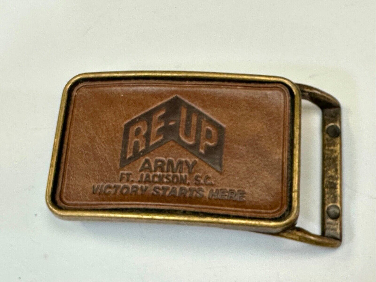 Army Re-up Ft Jackson SC Victory starts here leather & brass tone belt buckle