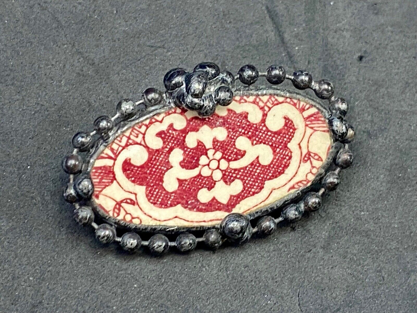 Artisan Signed Red White Oval Tile Brooch Pin Black Beading