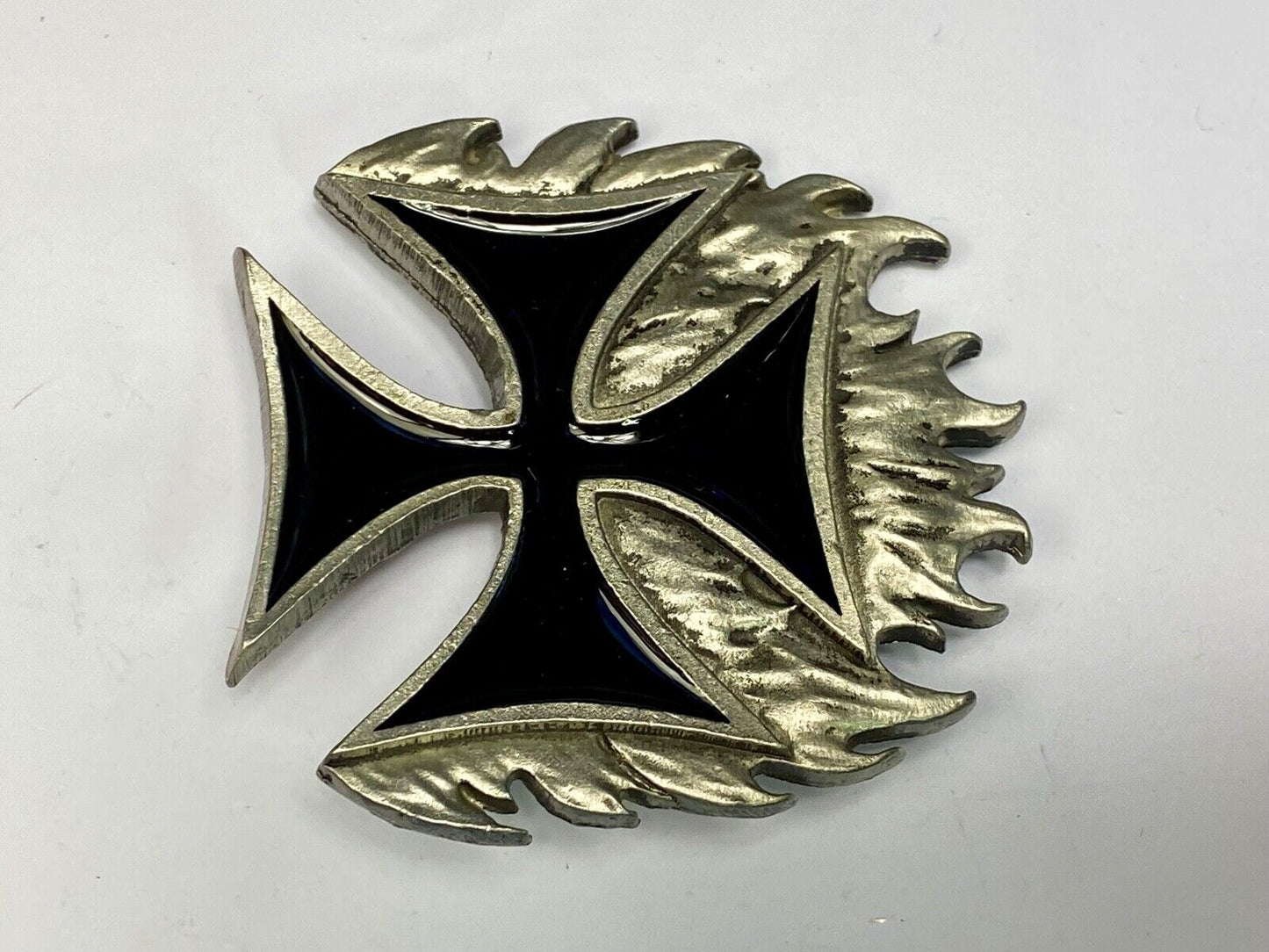 Black Enamel Maltese Cross w/ flames - NOS Monster belt buckle 2000 Mobtown USA