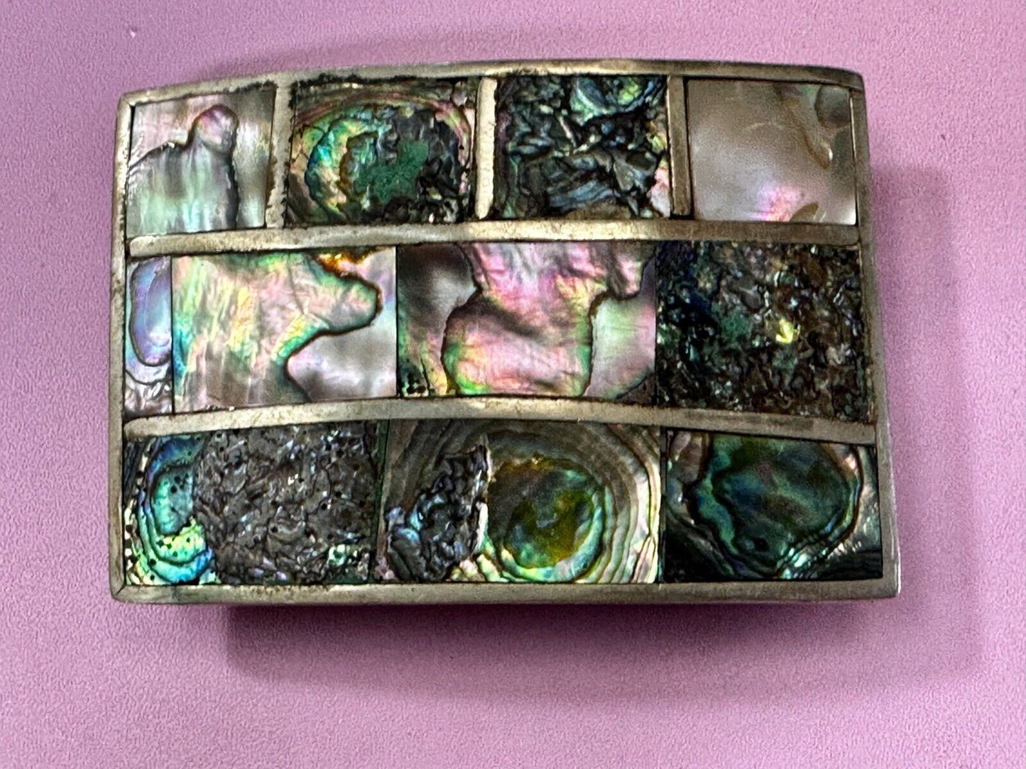 Vintage Abalone Shel Inlaid Silver Tone Large Rectangular Belt Buckle
