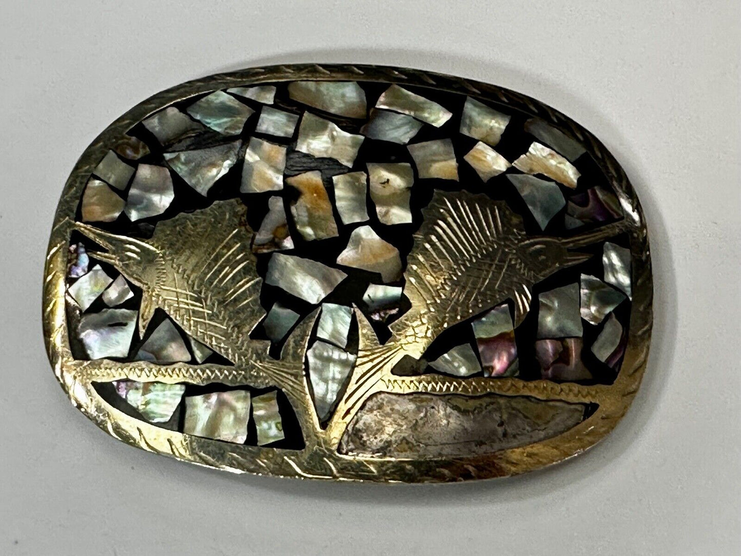Swordfish with Abalone Shell Inlaid Western Belt Buckle - missing shell to repar