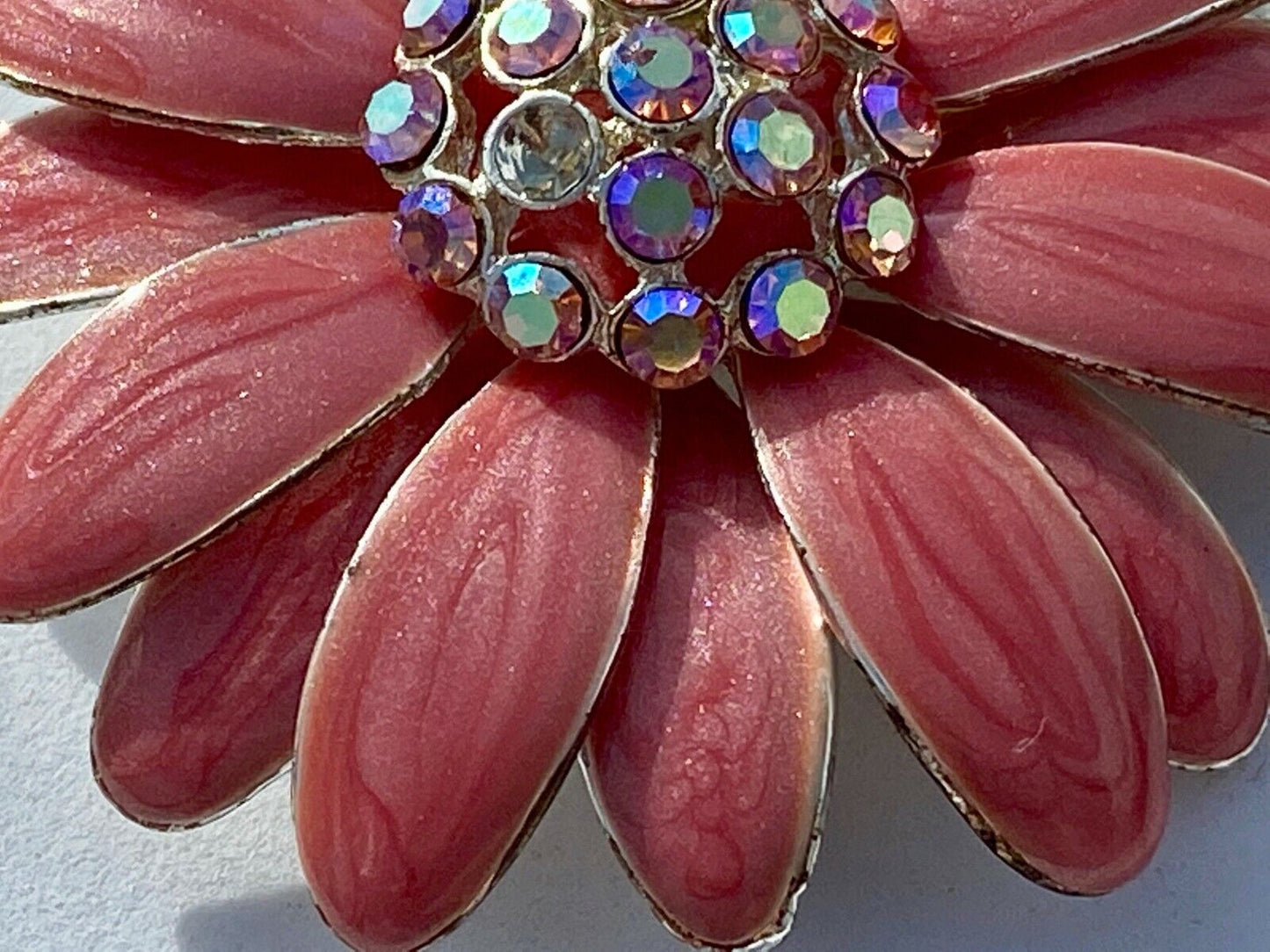 Beautiful Rhinestone Accented Otc Pink Flower Figural Silver Tone Brooch