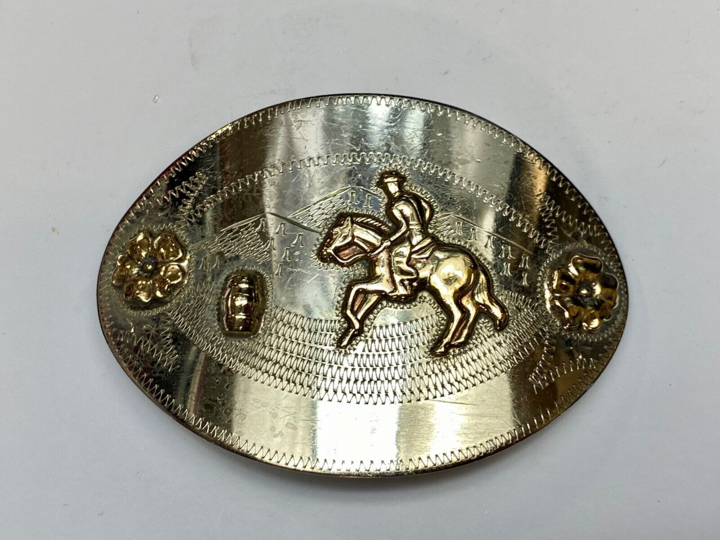 Barrel Horse Rider, Nickel Silver Belt Buckle W/ Bronze Trim by Don Ricardo