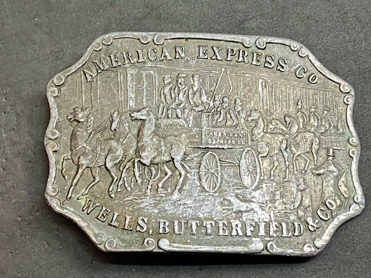 vintage american express wells butterfield belt buckle horses buggy - signed