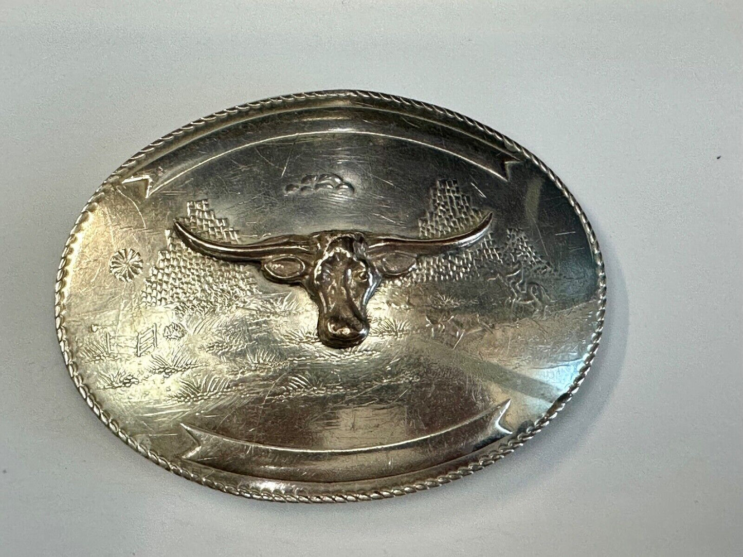 Texas longhorn - Vintage Artisan? two tone engraved award ribbon Belt Buckle