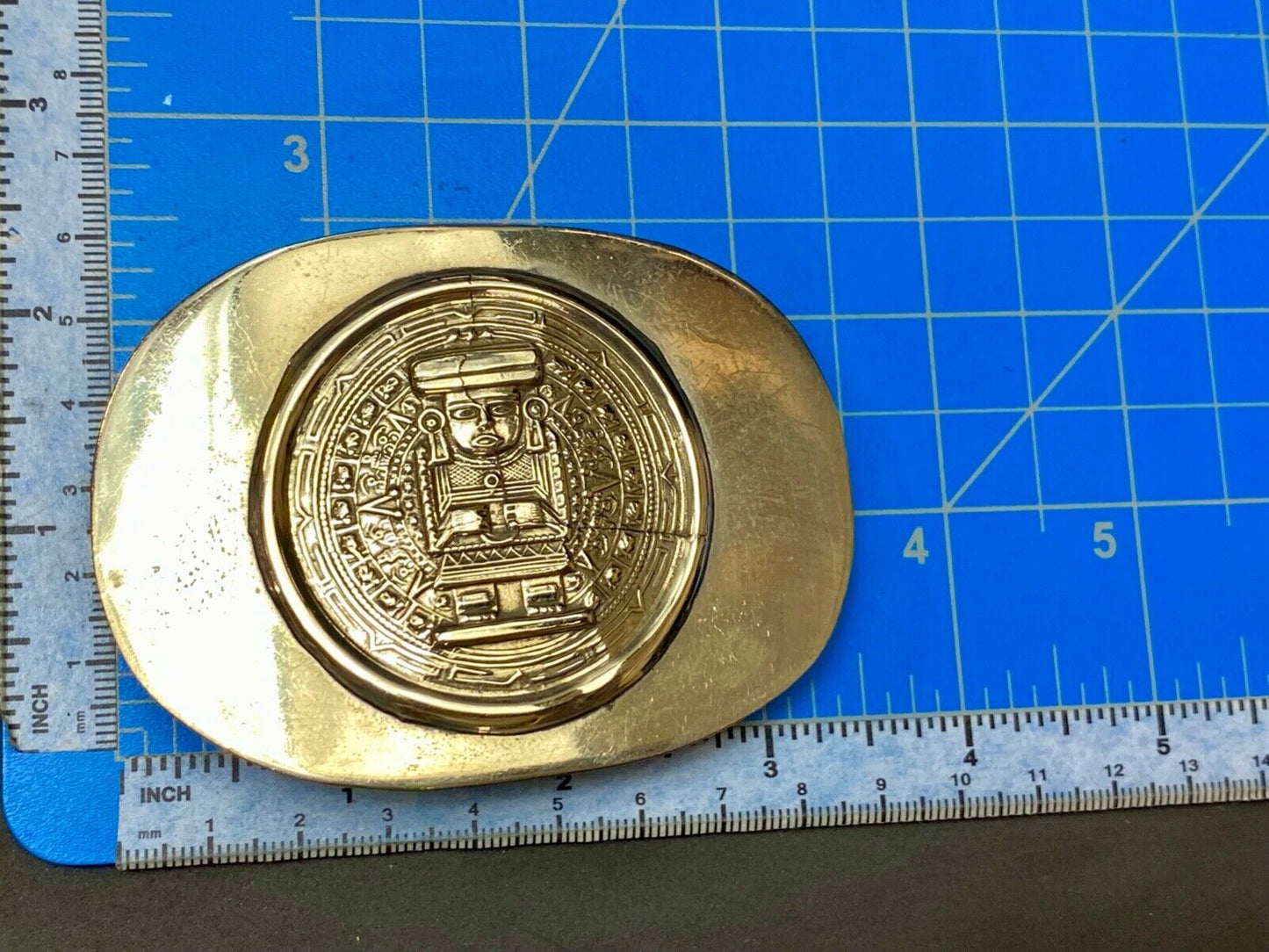 Aztec Calendar Person Figure silver tone? Belt Buckle Mayan Indian