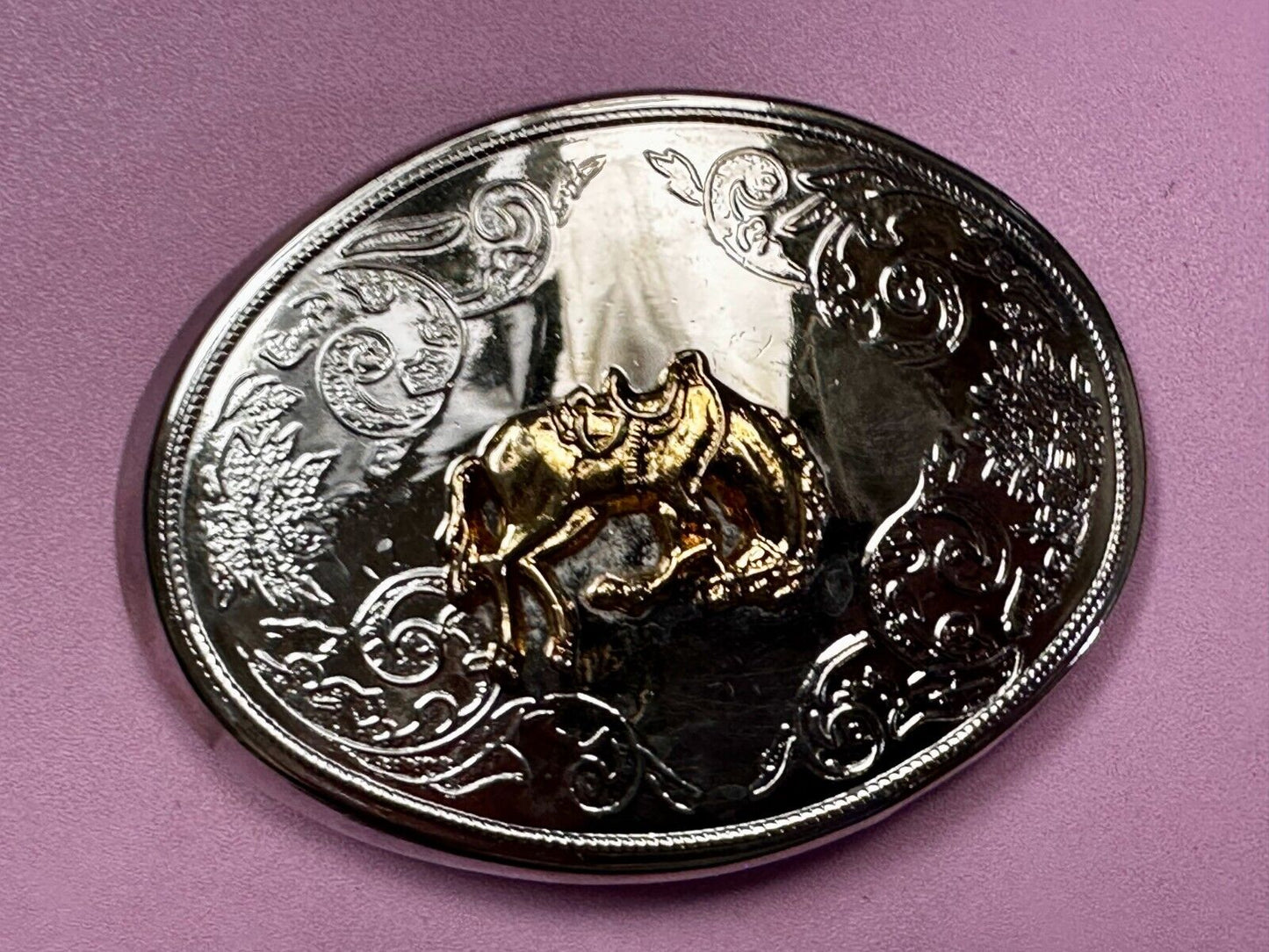 Vintage Cowboy Saddle Bronc Bucking Horse Two Tone Oval Engraved Belt Buckle