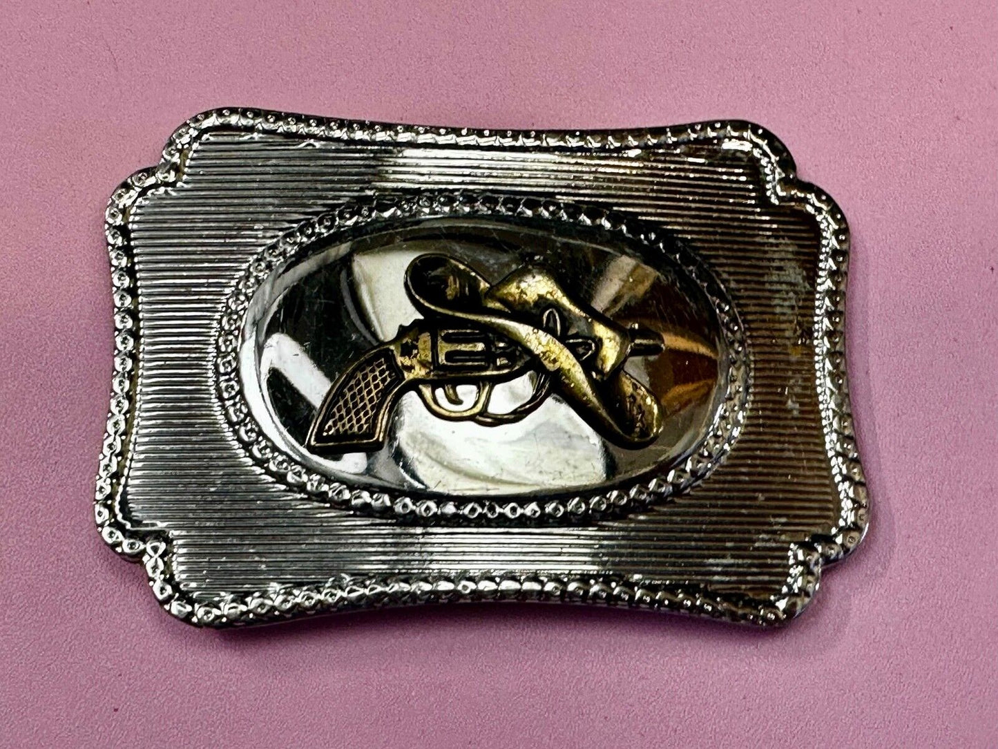 Vintage Cowboy Hat & Revolver Pistol Western Belt Buckle Cap Gun Buckle