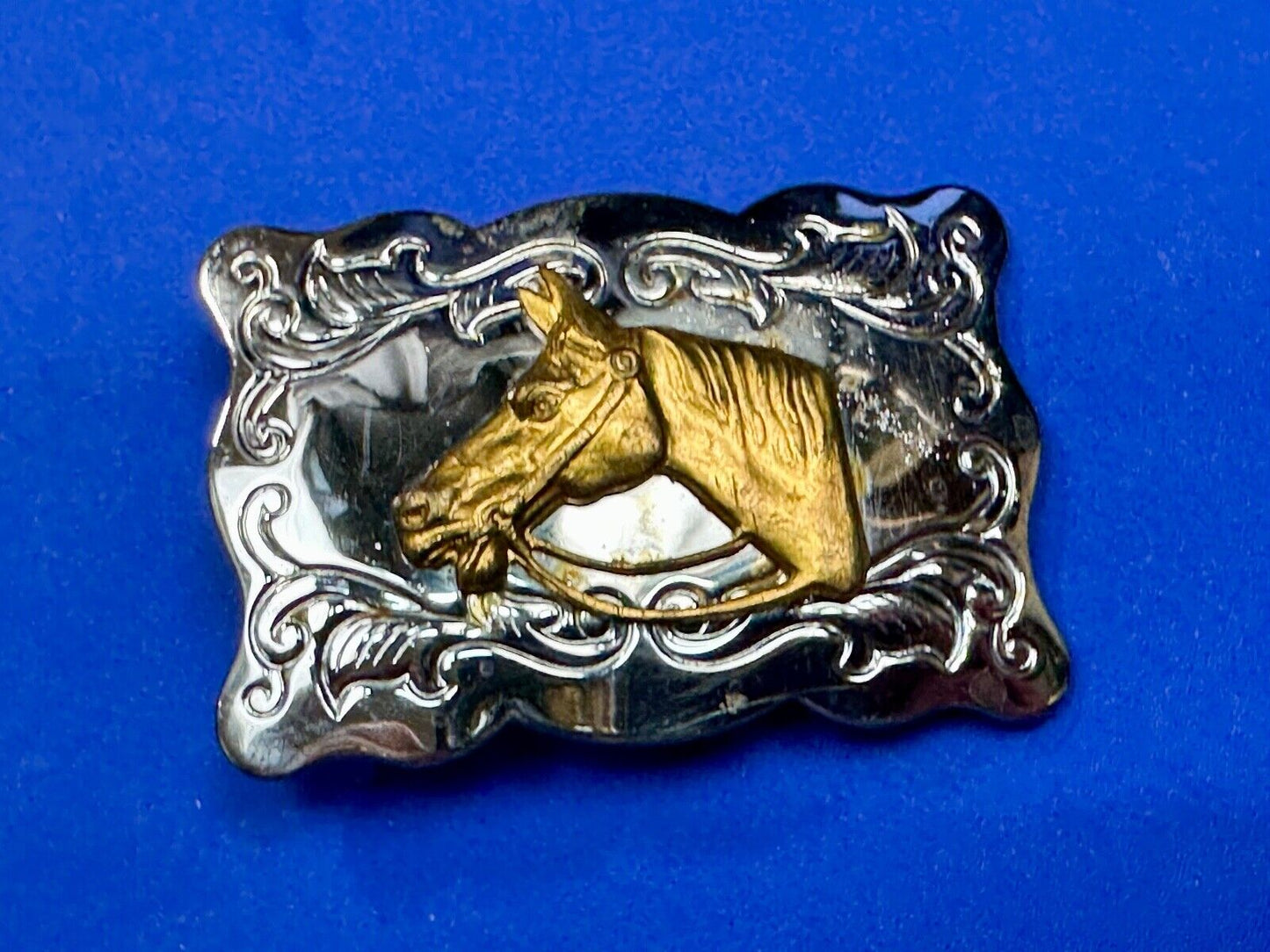 Vintage Chambers Horse head - two tone stamped rectangular belt buckle