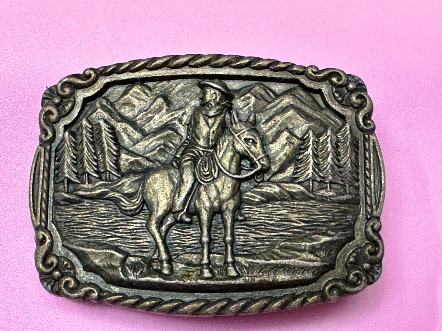 Vintage Cowboy on Horseback Dress Style Clamp down Belt Buckle