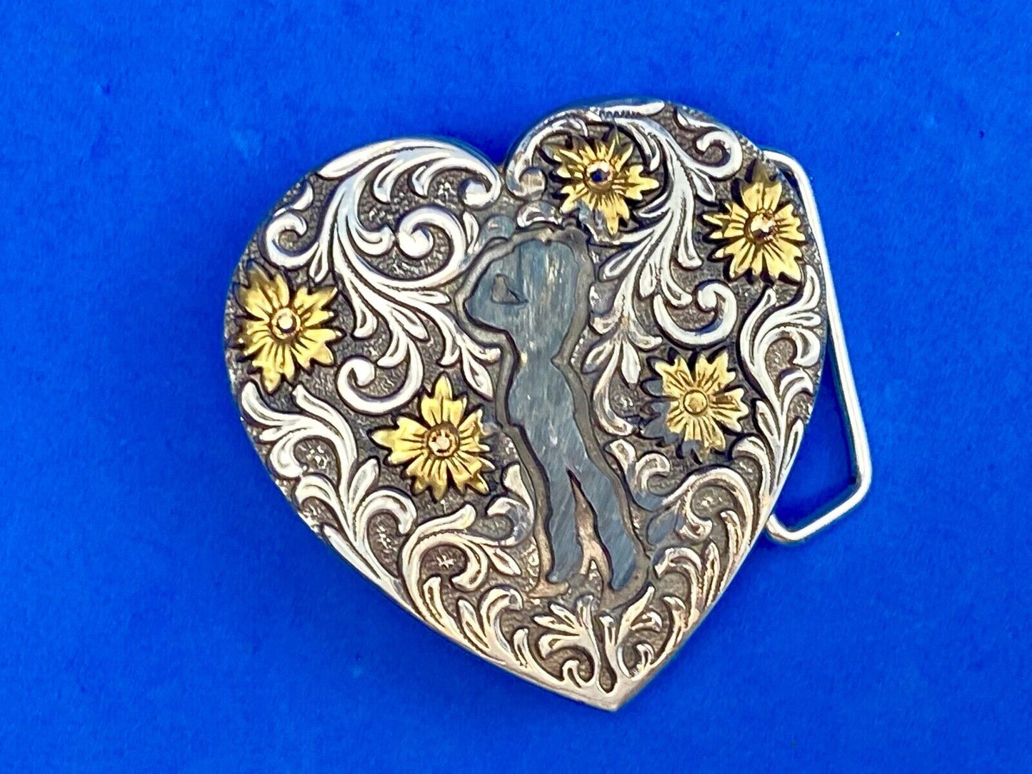 2007 Ivan belt buckle - Western HEART figure of cowgirl? w/ gold color accents