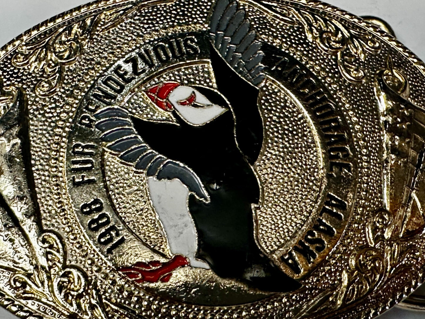 1988 Fur Rendezvous Anchorage Alaska Flag Bald Eagle Commemorative Belt Buckle