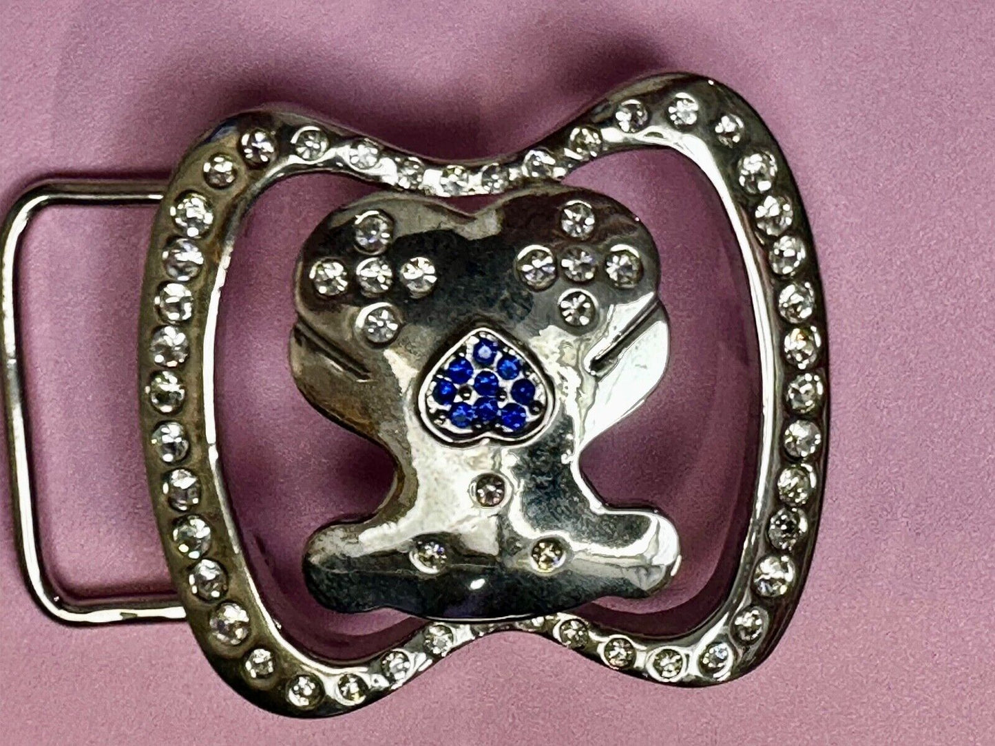 Teddy Bear W/ Heart Clear & Blue Rhinestone Accented Belt Buckle