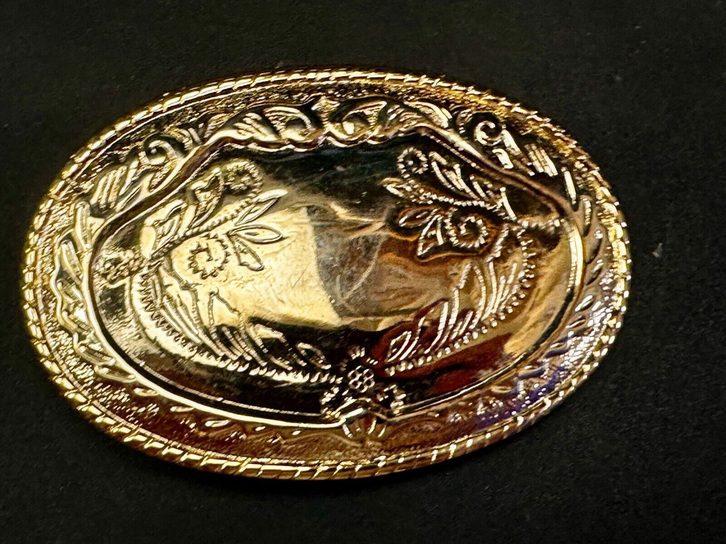 Vintage Flower Swirl Reflective Gold Tone Oval Replacement Belt Buckle