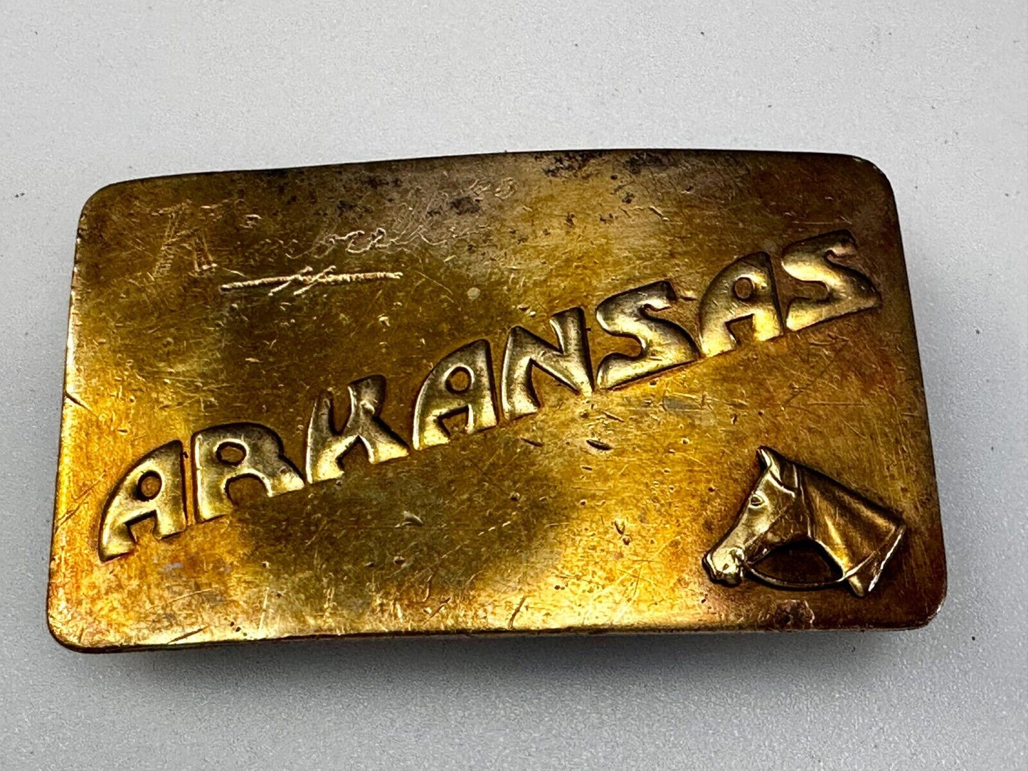 ARKANSAS State Horse Head BrassTone Commemorative Vintage Belt Buckle