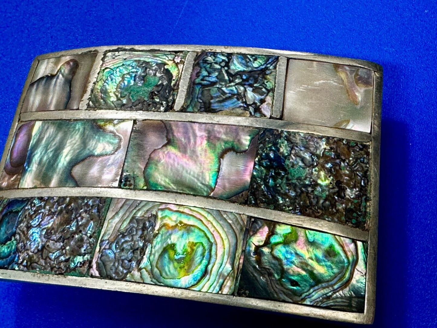 Vintage Abalone Shel Inlaid Silver Tone Large Rectangular Belt Buckle
