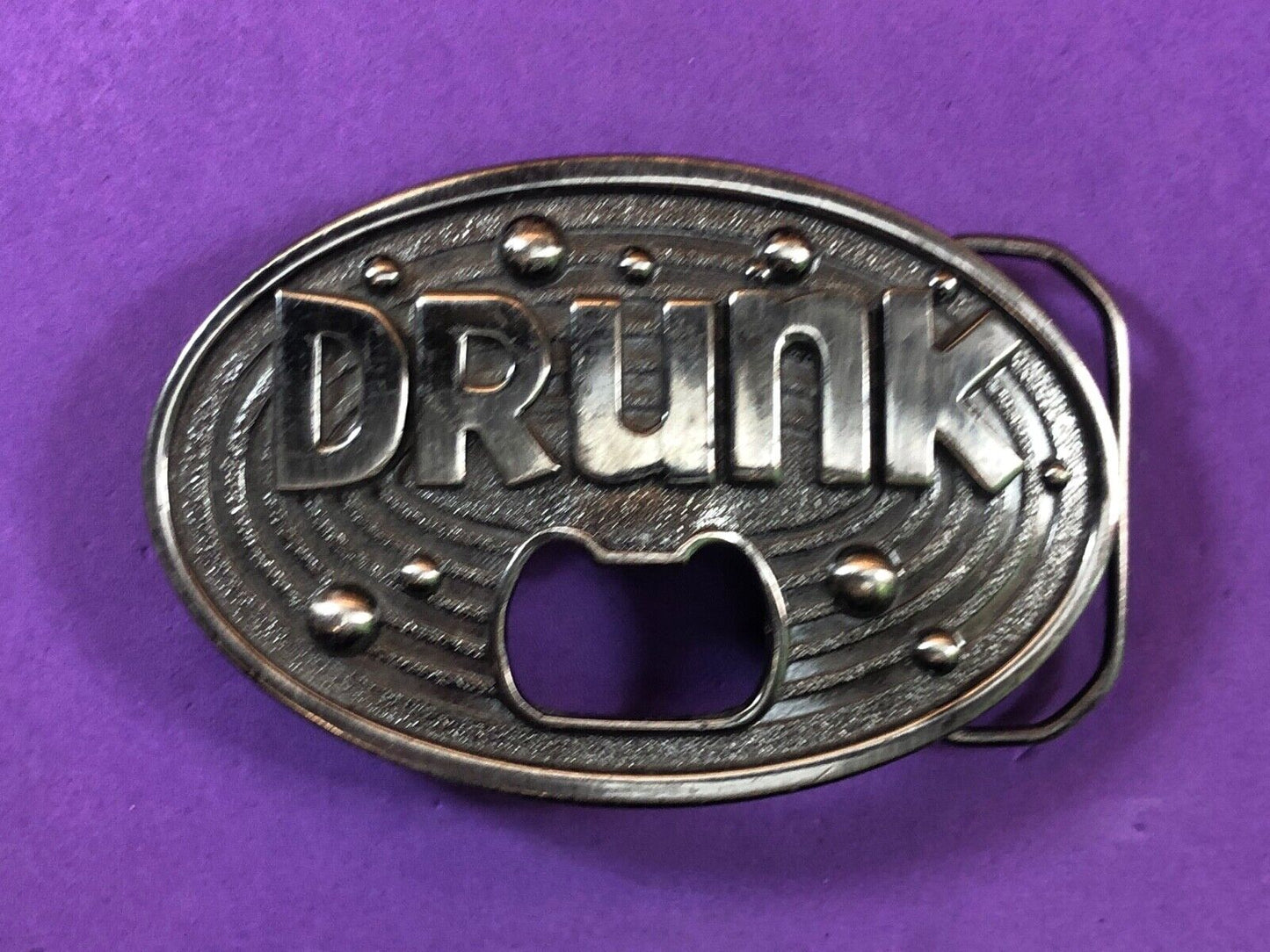vintage large metal Bottle Opener / belt buckle - words DRUNK Beer glass party