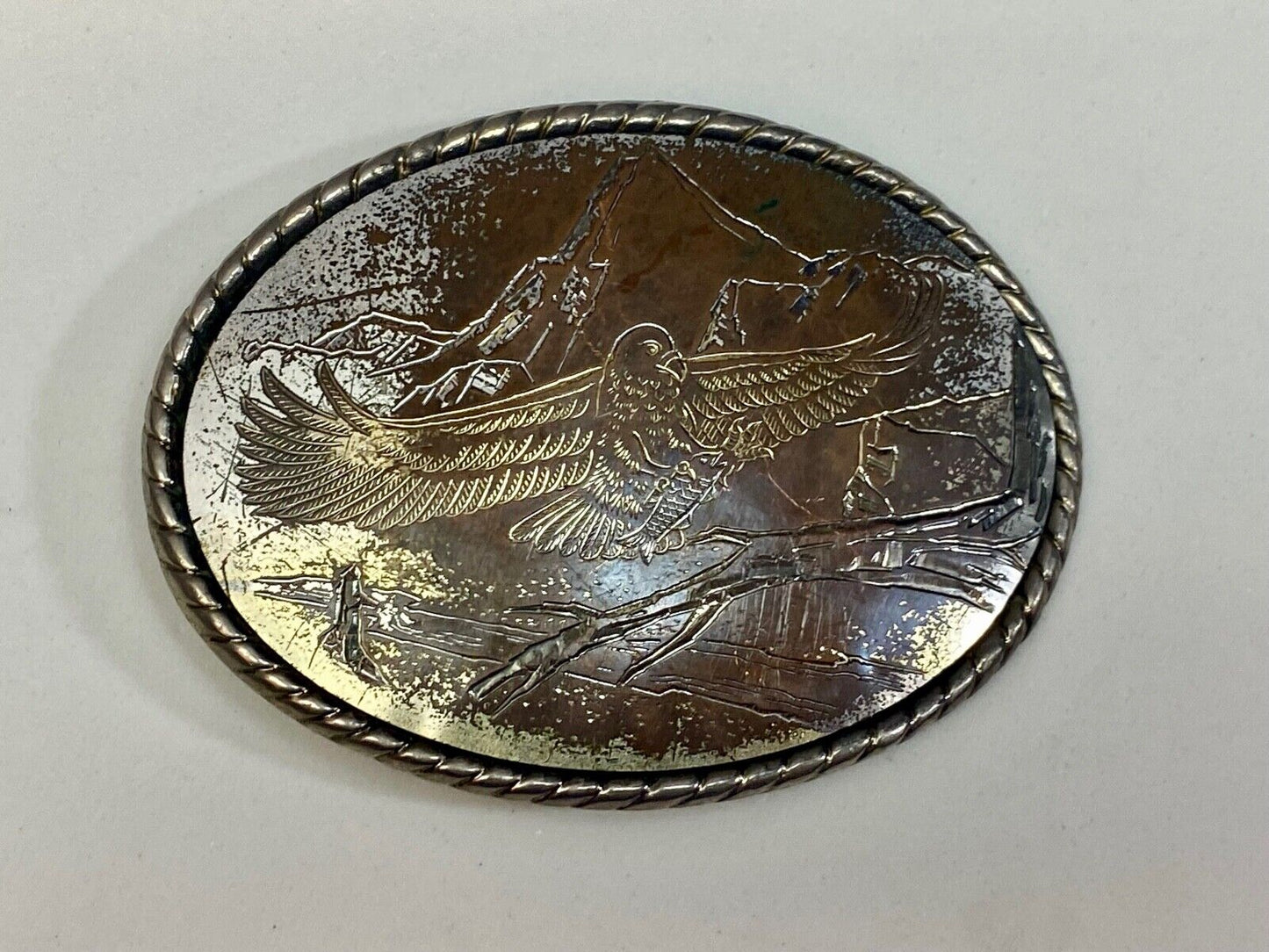 Vintage Engraved Western Ware Eagle Over Mountainside Belt Buckle Signed W